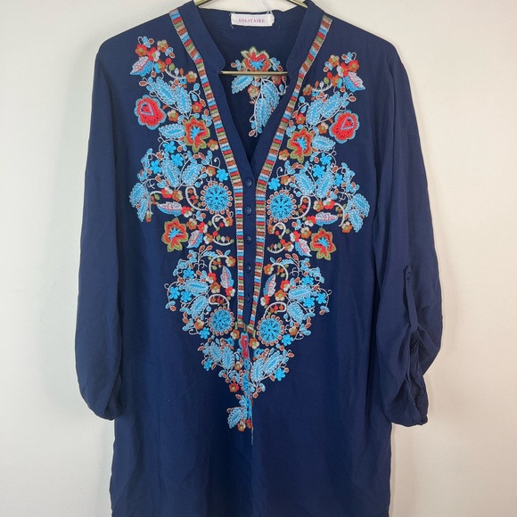 Solitaire Navy Blue Embroidered Top, Large - Picture 2 of 6